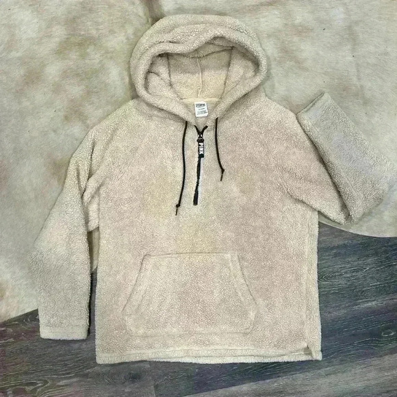 PINK Victoria's Secret Sweaters - Victoria’s Secret PINK Sherpa Fleece Quarter Zip Pullover Sweater Cream- Large